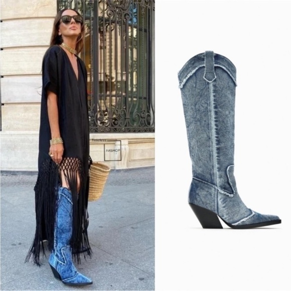 ZARA Denim Cowboy Boots 3051/210 - Picture 3 of 16